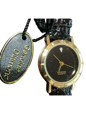 New Genuine Diamond Quartz Black Gold Tone Ladies Wristwatch